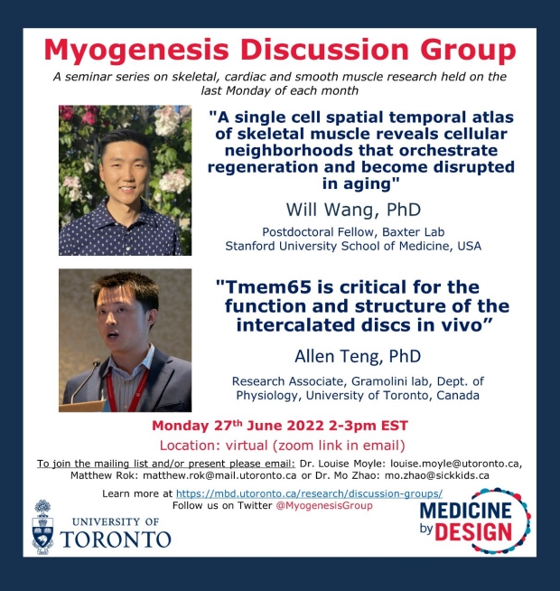 Will Wang speaks in the Myogenesis Discussion group sponsored by Medicine by Design at the University of Toronto